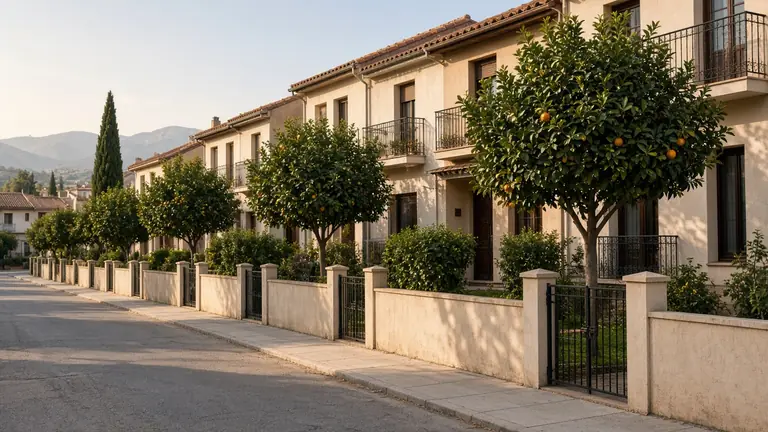 Calle de adosados con jardín, rejas y naranjos en Las Torres de Cotillas