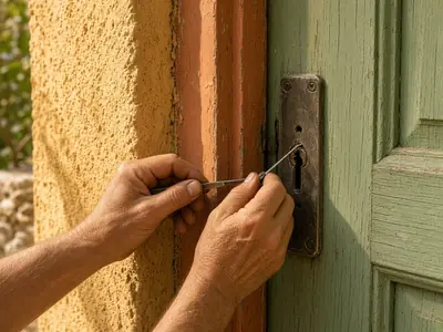 Manos abriendo con ganzúa la cerradura de una puerta verde de madera