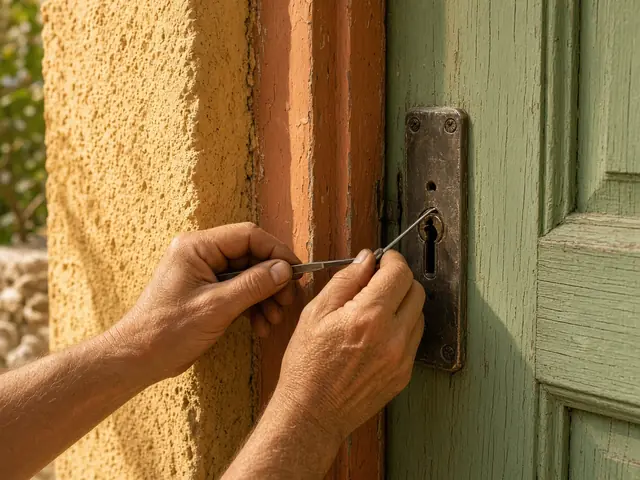 Manos abriendo con ganzúa la cerradura de una puerta verde de madera