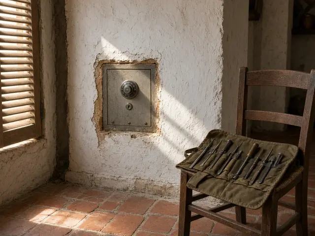Caja fuerte de rueda empotrada en la pared encalada de una casa de campo