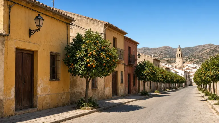 Calle de casas bajas con naranjos y campanario al fondo, en Yecla