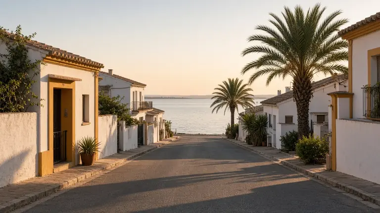 Calle de casas blancas con palmeras que termina en el Mar Menor en San Javier