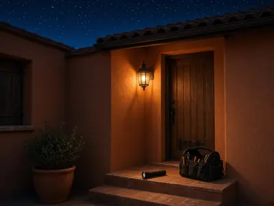 Entrada de una casa baja de noche con farol y bolsa de herramientas