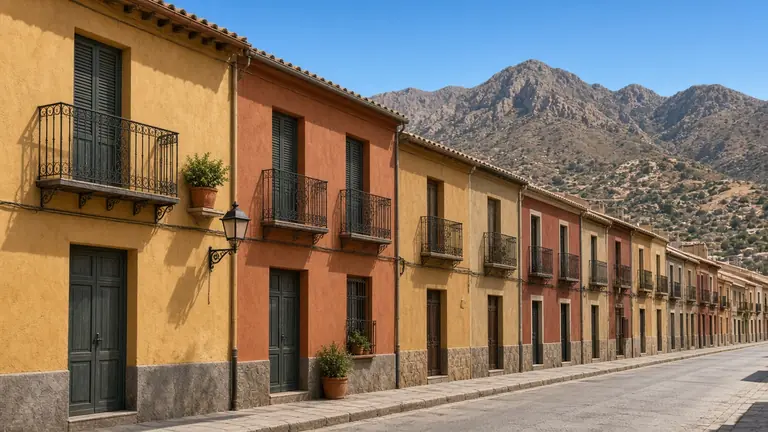 Calle de casas de dos plantas ocres con balcones de forja y la sierra al fondo en Totana