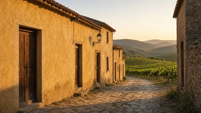 Calle de casas ocres con puertas de madera y viñedos al fondo en Jumilla