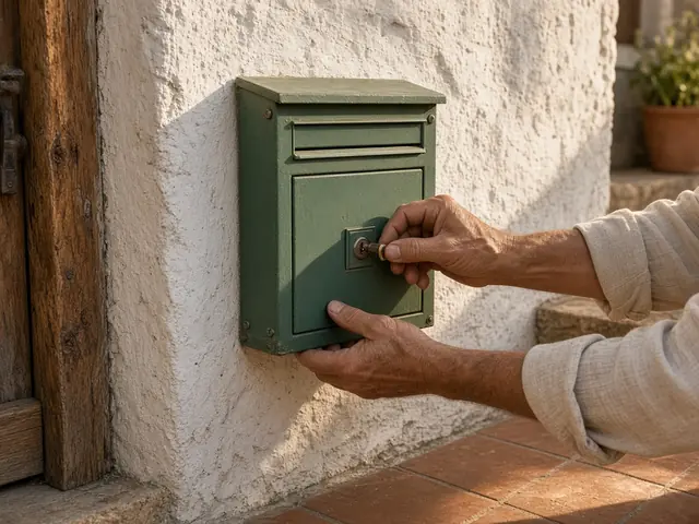 Manos colocando una cerradura nueva en un buzón verde sobre una pared encalada, en la Región de Murcia