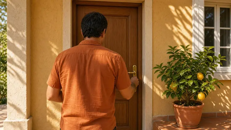 Cerrajero ante la puerta de una vivienda con fachada ocre y limonero, en la Región de Murcia