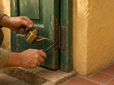 Engrase y ajuste de la bisagra de una puerta verde antigua