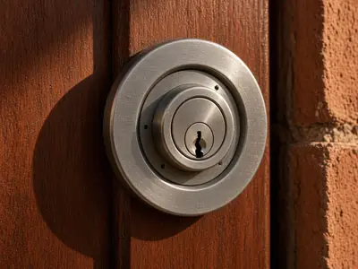 Escudo antitaladro redondo en una puerta de madera rojiza