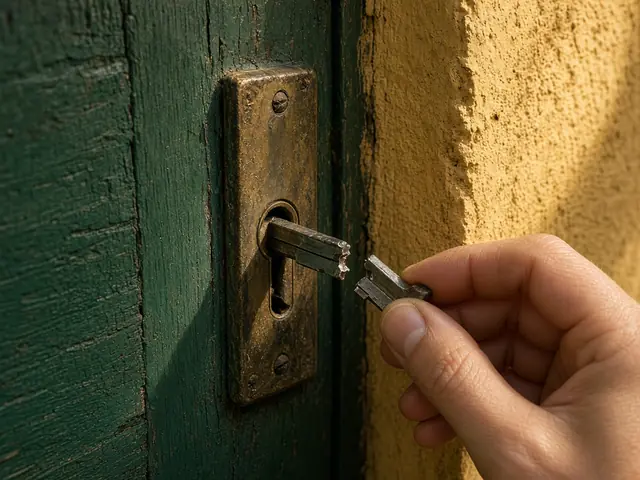 Llave partida en dos dentro de la cerradura de una puerta verde antigua, en la Región de Murcia