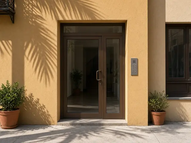Portal de un edificio de viviendas con puerta de aluminio y portero automático