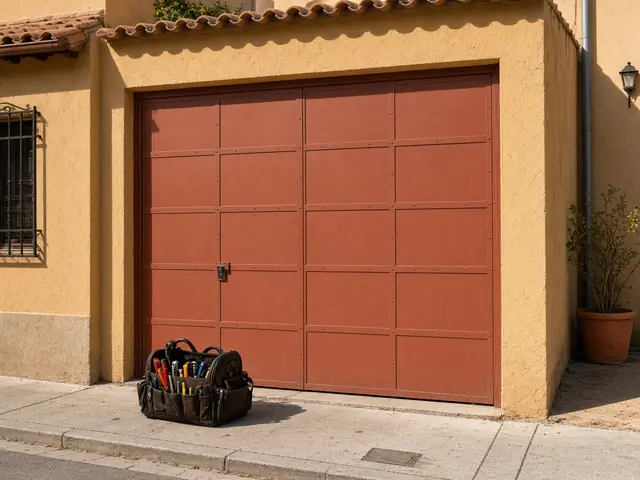 Puerta metálica de garaje color teja de una casa baja con bolsa de herramientas, en la Región de Murcia